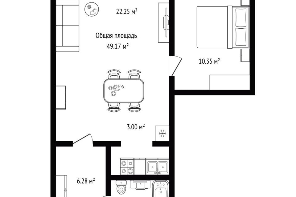 Продаётся 1-комнатная квартира, 49.17 м²