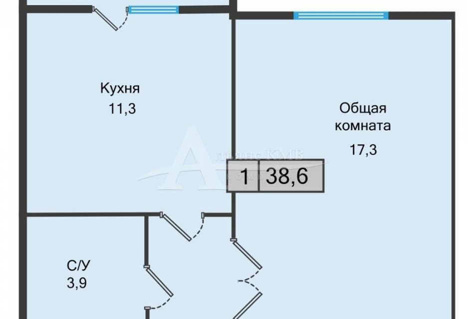 Продаётся 1-комнатная квартира, 38.6 м²