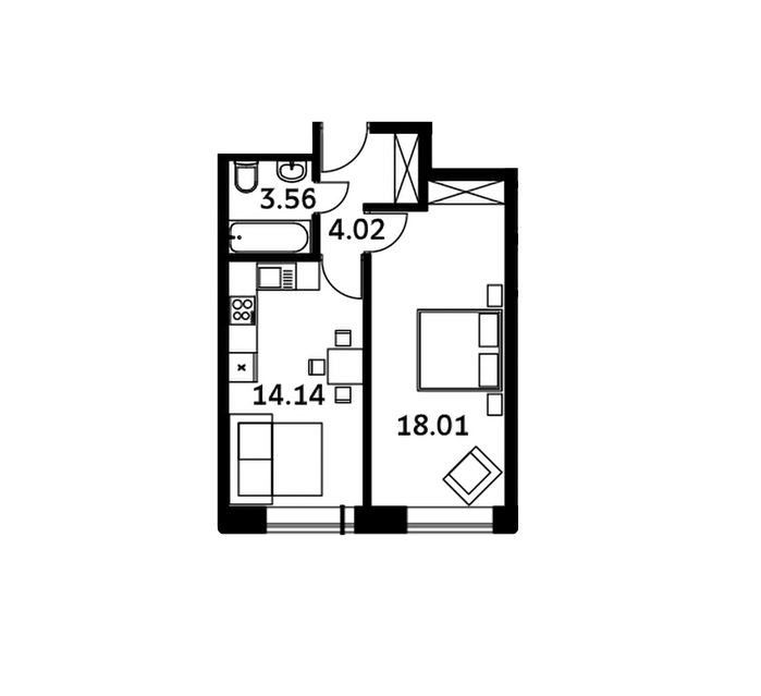 Продаётся 1-комнатная квартира, 39.73 м²