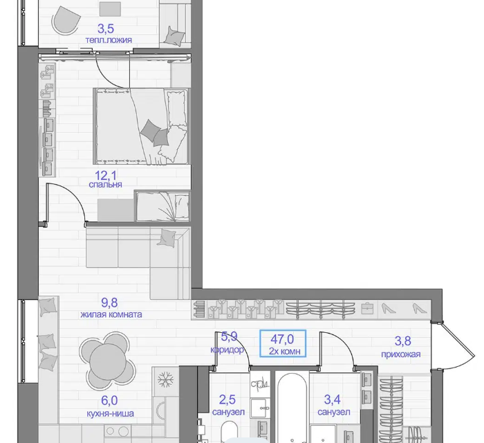 Продаётся 1-комнатная квартира, 47 м²