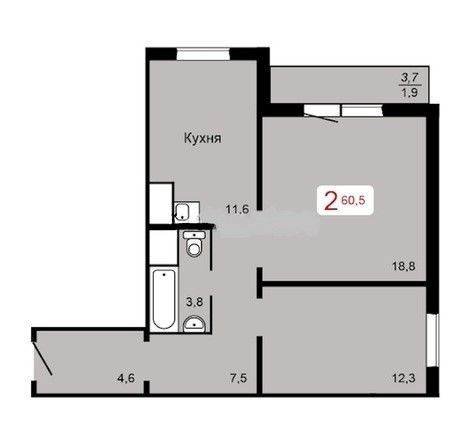 Продаётся 2-комнатная квартира, 60.5 м²