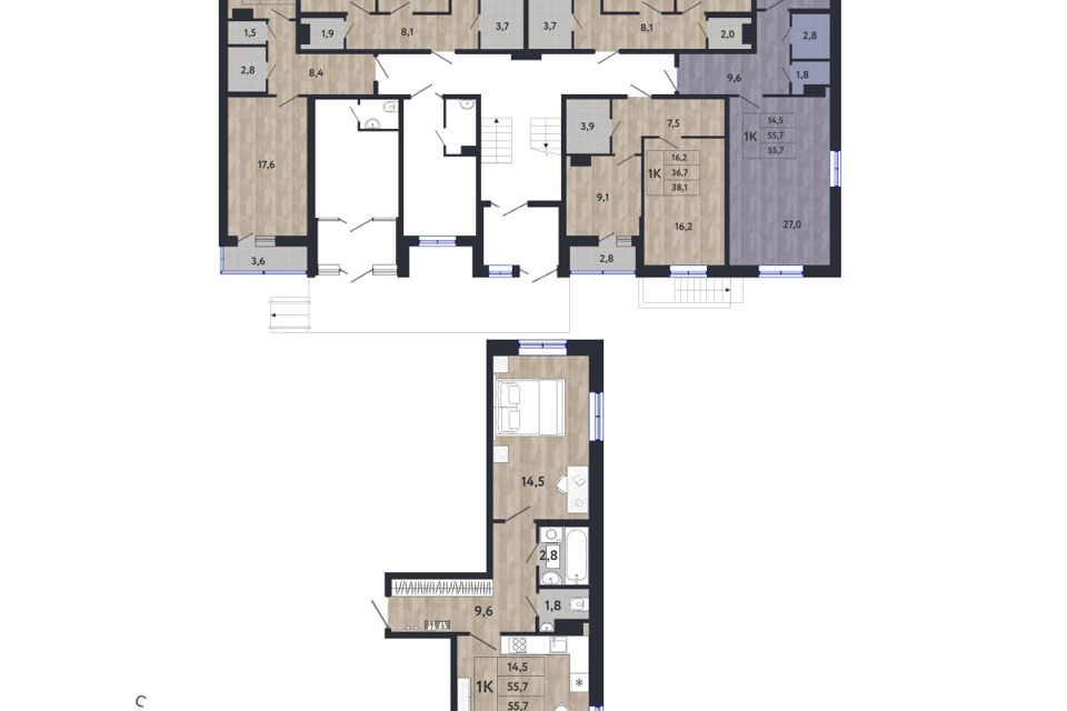 Продаётся 1-комнатная квартира, 55.7 м²