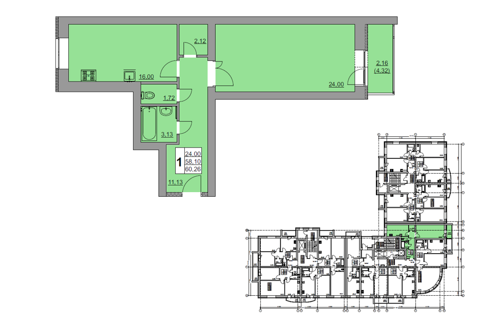 Продаётся 1-комнатная квартира, 60.26 м²