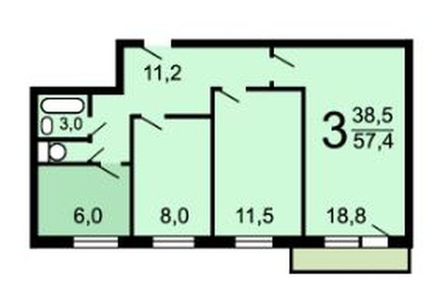 Продаётся 3-комнатная квартира, 57.4 м²