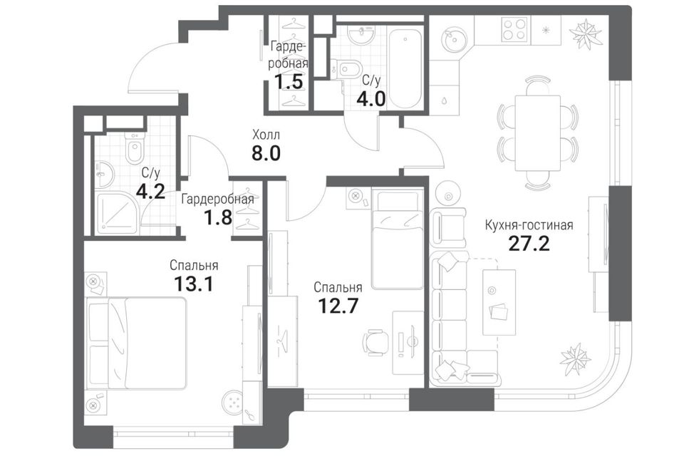 Продаётся 2-комнатная квартира, 72.6 м²