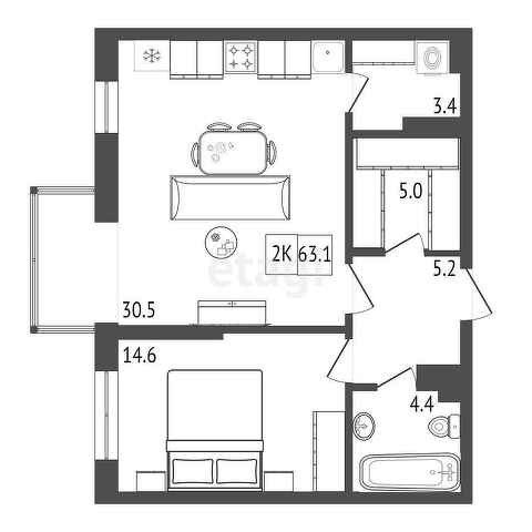 Продаётся 1-комнатная квартира, 63.1 м²
