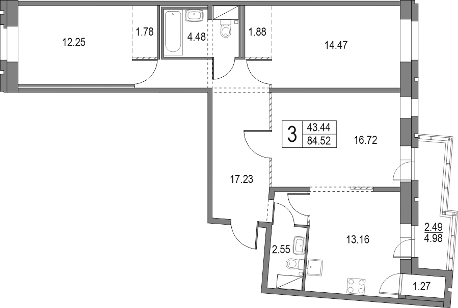 Продаётся 3-комнатная квартира, 84.6 м²
