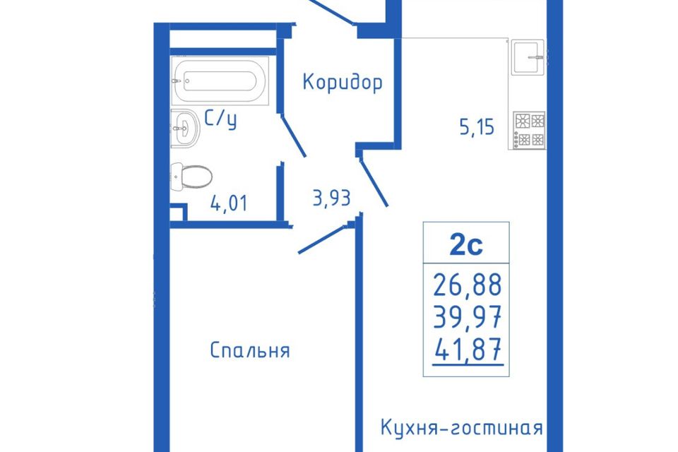 Продаётся 2-комнатная квартира, 41.87 м²