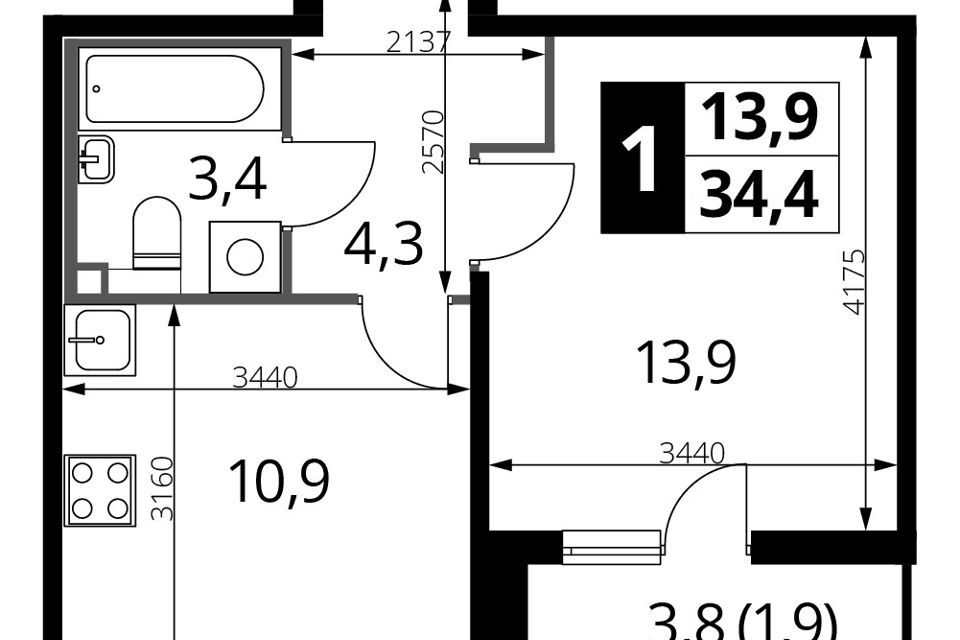 Продаётся 1-комнатная квартира, 34.2 м²