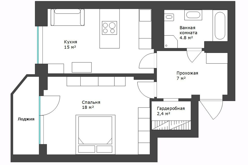 Продаётся 1-комнатная квартира, 48.7 м²