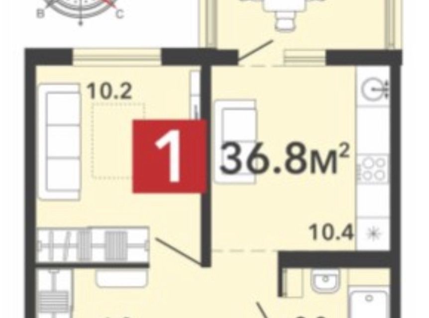 Продаётся 1-комнатная квартира, 36.8 м²