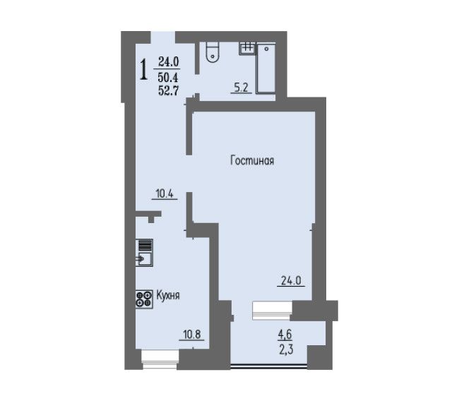 Продаётся 1-комнатная квартира, 52.7 м²