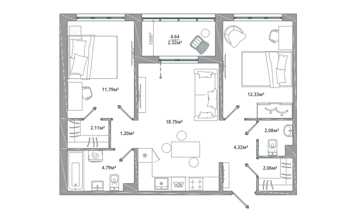 Продаётся 2-комнатная квартира, 58.8 м²