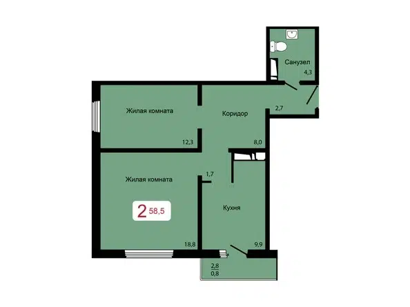 Продаётся 2-комнатная квартира, 58.5 м²