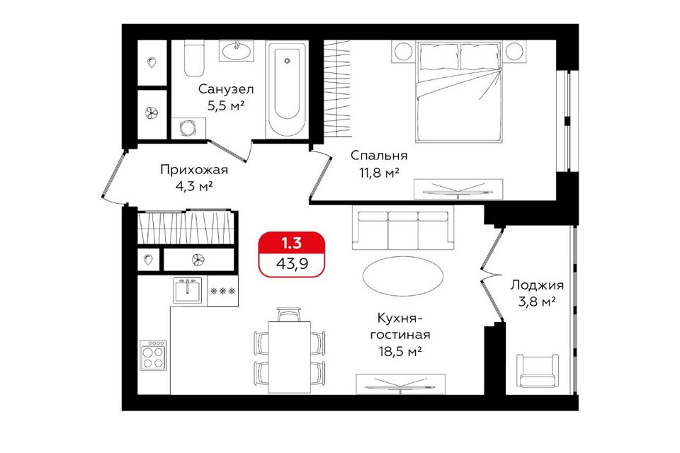 Продаётся 1-комнатная квартира, 40 м²