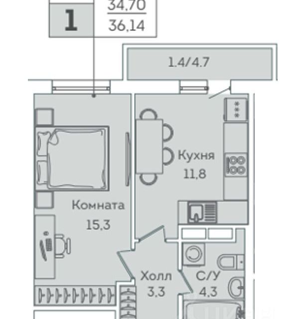 Продаётся 1-комнатная квартира, 34.7 м²