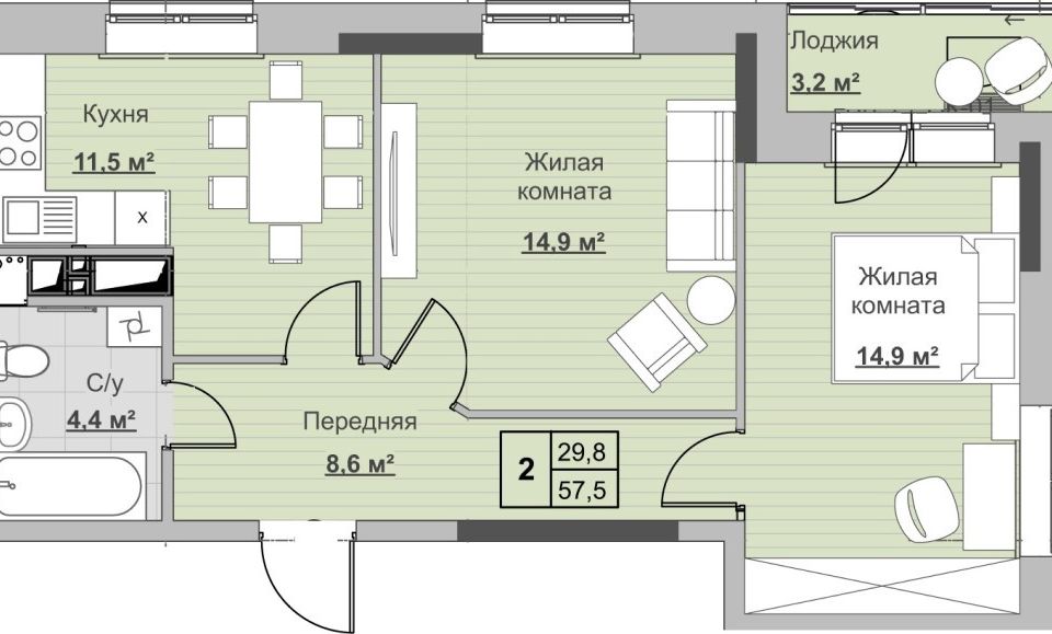 Продаётся 2-комнатная квартира, 57.4 м²