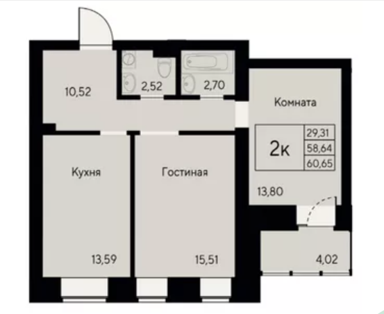 Продаётся 2-комнатная квартира, 60.65 м²