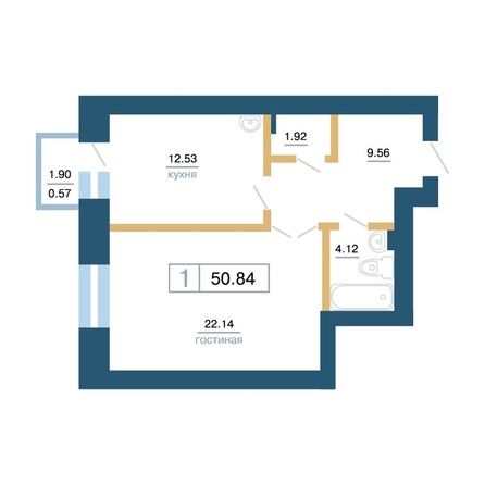 Продаётся 1-комнатная квартира, 50.84 м²