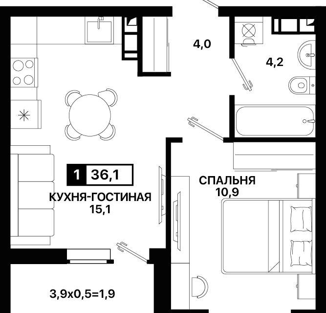 Продаётся 1-комнатная квартира, 36 м²