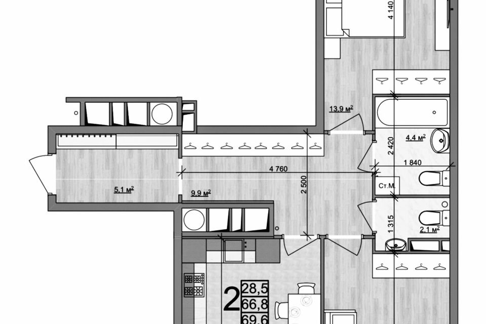 Продаётся 2-комнатная квартира, 70 м²