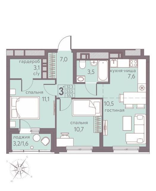 Продаётся 3-комнатная квартира, 55.1 м²