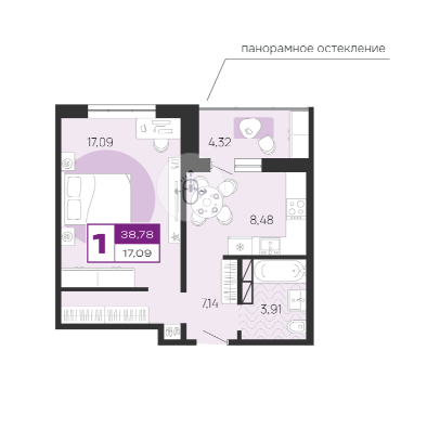 Продаётся 1-комнатная квартира, 38.78 м²