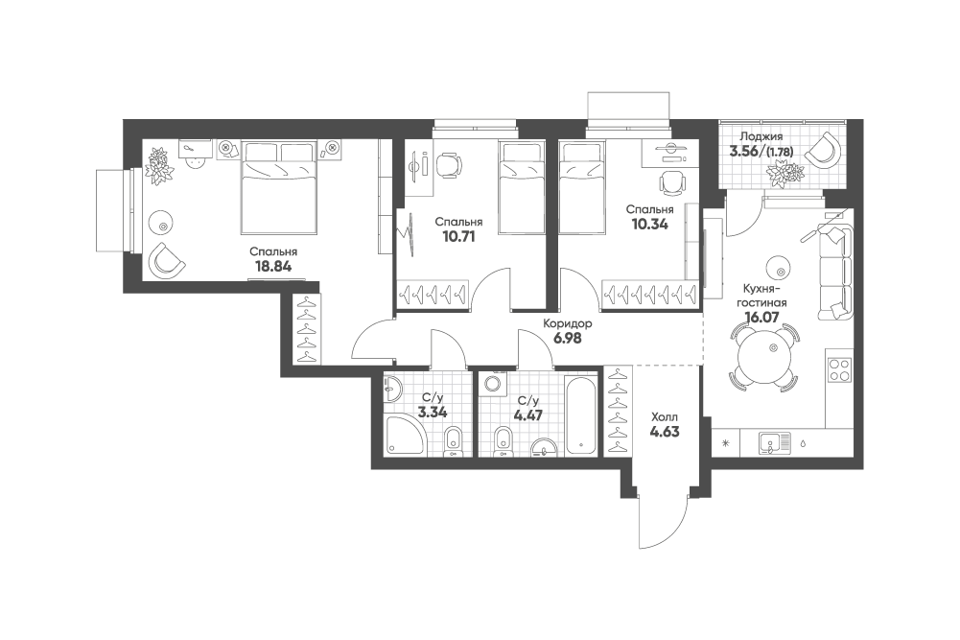 Продаётся 3-комнатная квартира, 77.2 м²
