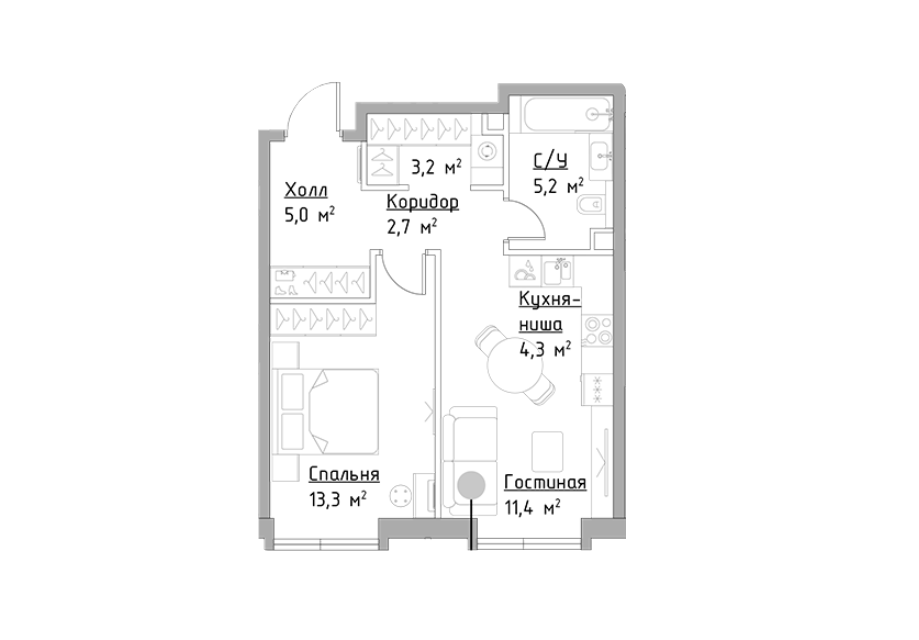 Продаётся 1-комнатная квартира, 45.1 м²