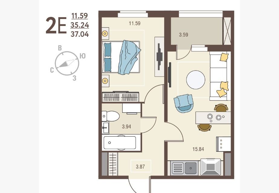 Продаётся 1-комнатная квартира, 37.04 м²