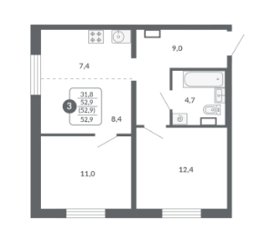 Продаётся 3-комнатная квартира, 52.9 м²