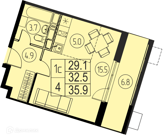 Продаётся 1-комнатная квартира, 32.5 м²
