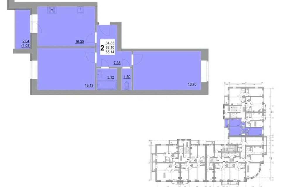 Продаётся 2-комнатная квартира, 65.14 м²