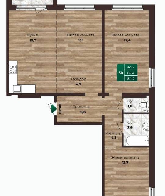 Продаётся студия, 84.2 м²