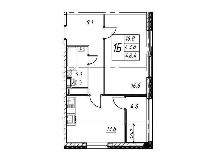 Продаётся 1-комнатная квартира, 48.3 м²