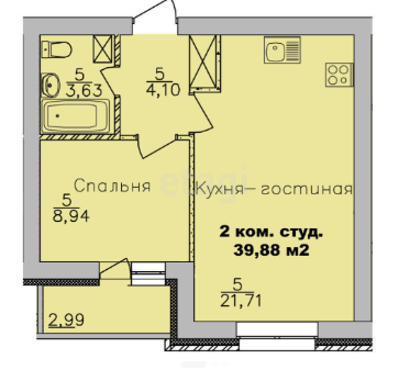 Продаётся 2-комнатная квартира, 39.88 м²