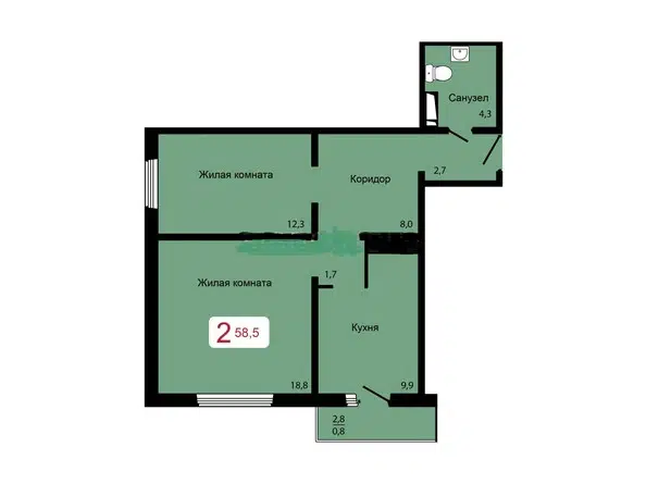 Продаётся 2-комнатная квартира, 58.5 м²