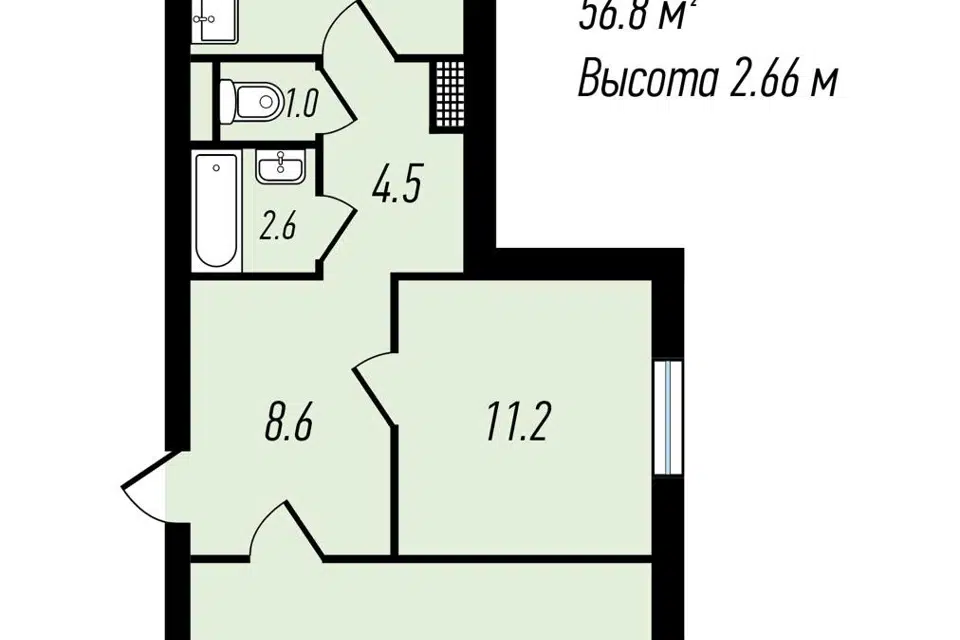 Продаётся 2-комнатная квартира, 58.6 м²