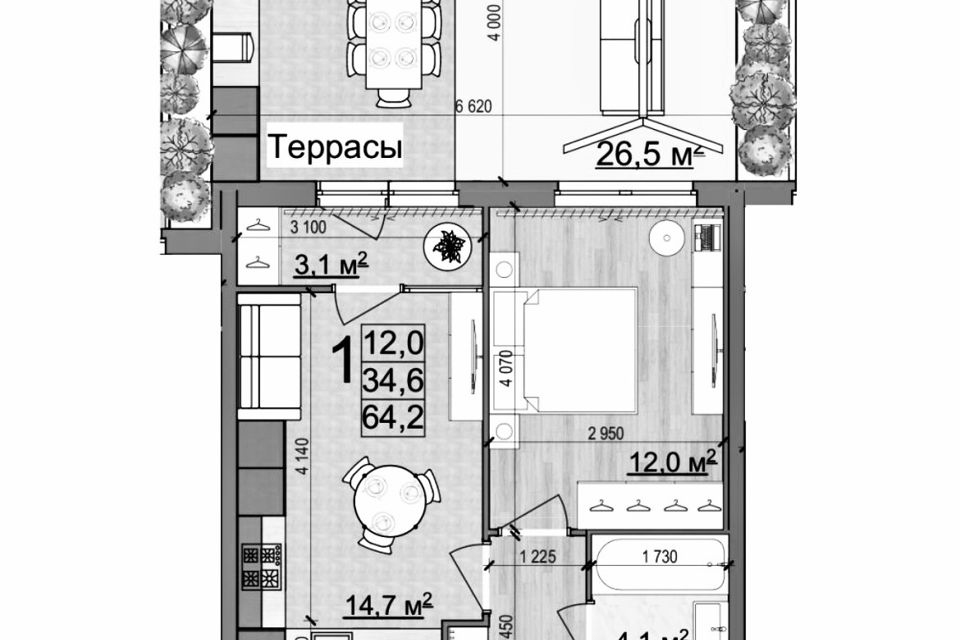Продаётся 1-комнатная квартира, 65 м²