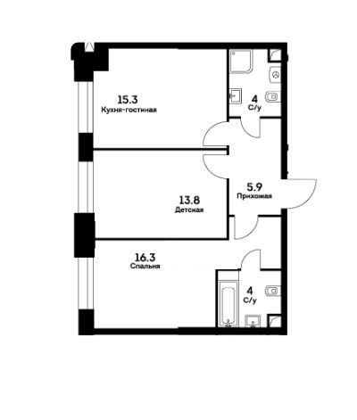 Продаётся 2-комнатная квартира, 59.3 м²