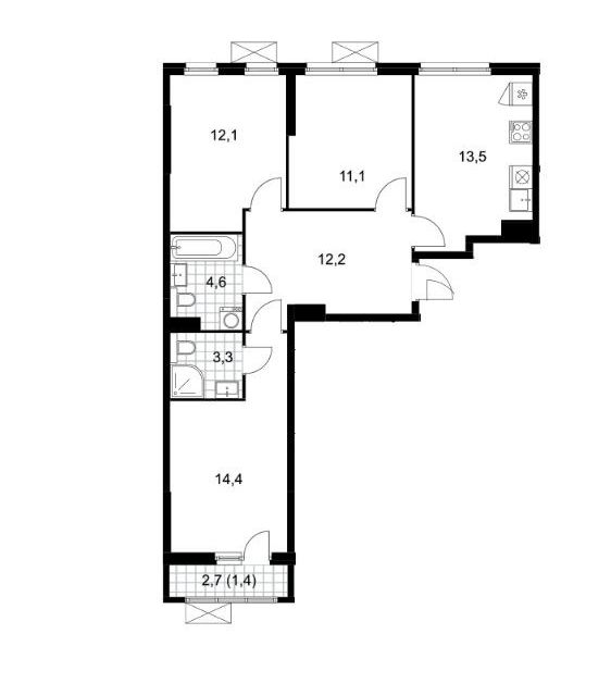 Продаётся 3-комнатная квартира, 72.6 м²