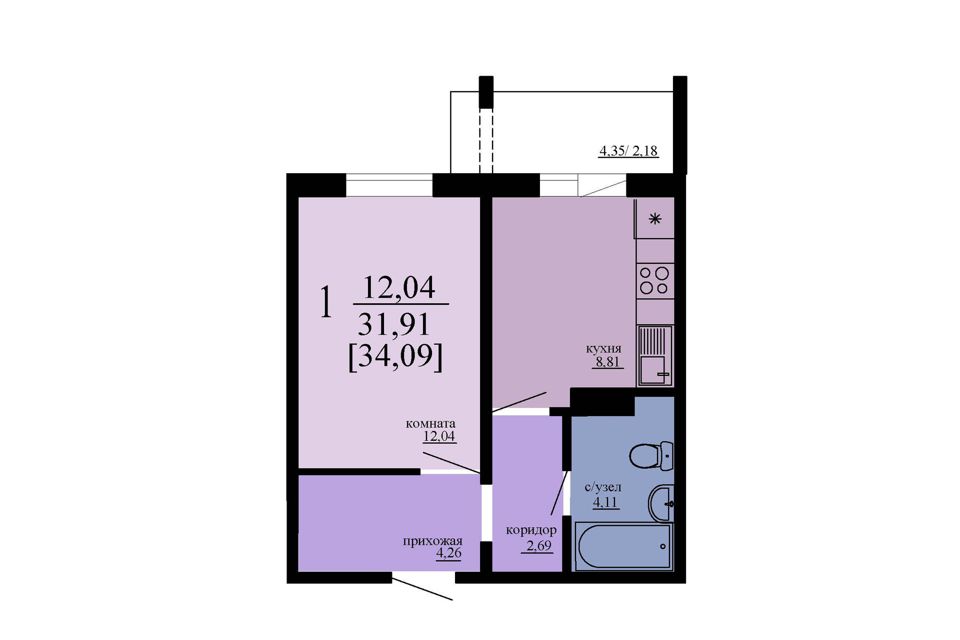 Продаётся 1-комнатная квартира, 31.9 м²