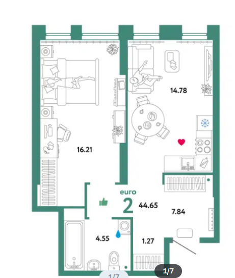 Продаётся 1-комнатная квартира, 44.6 м²