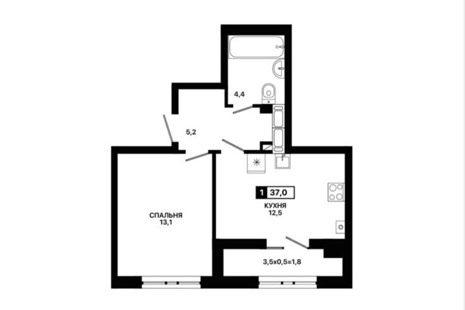 Продаётся 1-комнатная квартира, 37 м²