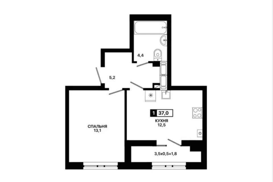 Продаётся 1-комнатная квартира, 37 м²