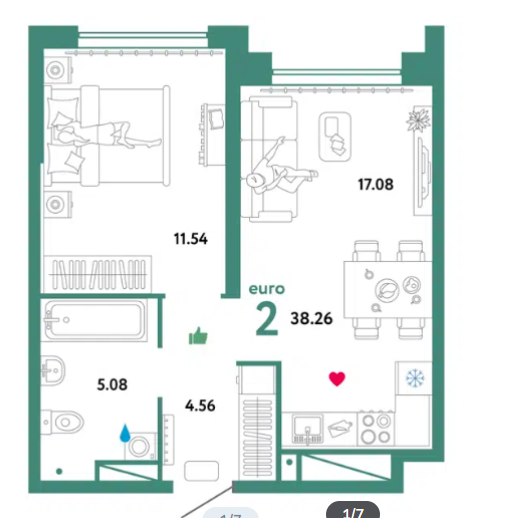 Продаётся 1-комнатная квартира, 38.3 м²