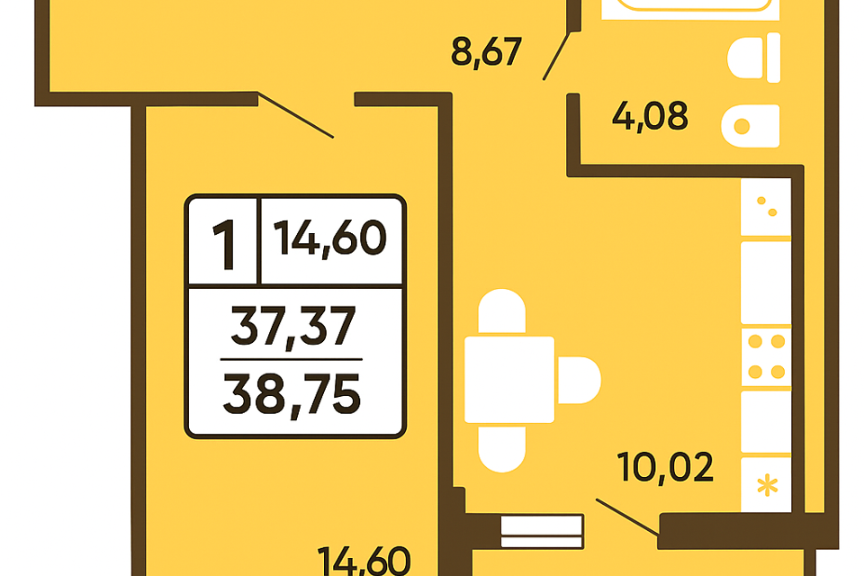 Продаётся 1-комнатная квартира, 37.6 м²