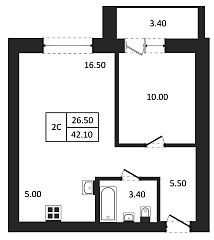 Продаётся 1-комнатная квартира, 42.1 м²
