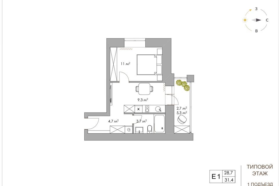 Продаётся 1-комнатная квартира, 28.7 м²