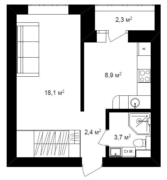 Продаётся 1-комнатная квартира, 33.5 м²